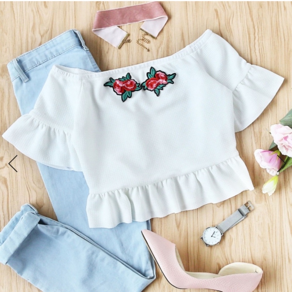 White Off-Shoulder Top with Floral Embroidery
